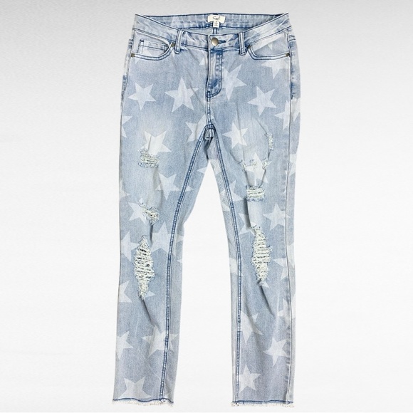 Anthropologie | Easel | Los Angeles Star Print Light Wash Denim Distressed Jeans - Picture 7 of 9